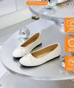 Giày búp bê nữ BEE SHOES mũi tròn đính nơ sẵn màu kem