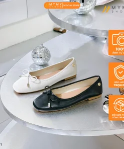 Giày búp bê nữ BEE SHOES mũi vuông đính nơ cao 1 phân sẵn màu kem đen