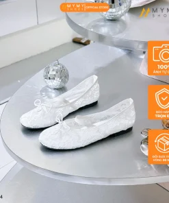 Giày búp bê nữ BEE SHOES quai ngang đính nơ lưới mũi tròn sẵn màu trắng