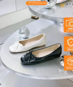 Giày búp bê nữ BEE SHOES mũi vuông da lì cao 2 phân sẵn màu kem đen