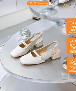 Giày mary jane nữ BEE SHOES quai ngang hở gót mũi vuông gót vuông cao 4 phân sẵn màu kem