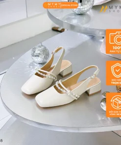 Giày mary jane nữ BEE SHOES quai ngang đính ngọc trai hở gót mũi vuông gót vuông cao 4 phân sẵn màu kem
