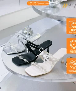 Guốc nữ BEE SHOES mũi vuông gót nhọn đính đá cao 8 phân sẵn màu kem đen bạc