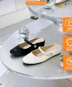 Sục nữ BEE SHOES quai ngang mũi tròn đế thấp 4 phân sẵn màu kem - đen