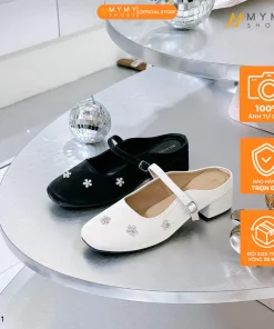 Sục nữ BEE SHOES đính hóa đá quai ngang mũi vuông gót vuông cao 5 phân sẵn màu kem - đen